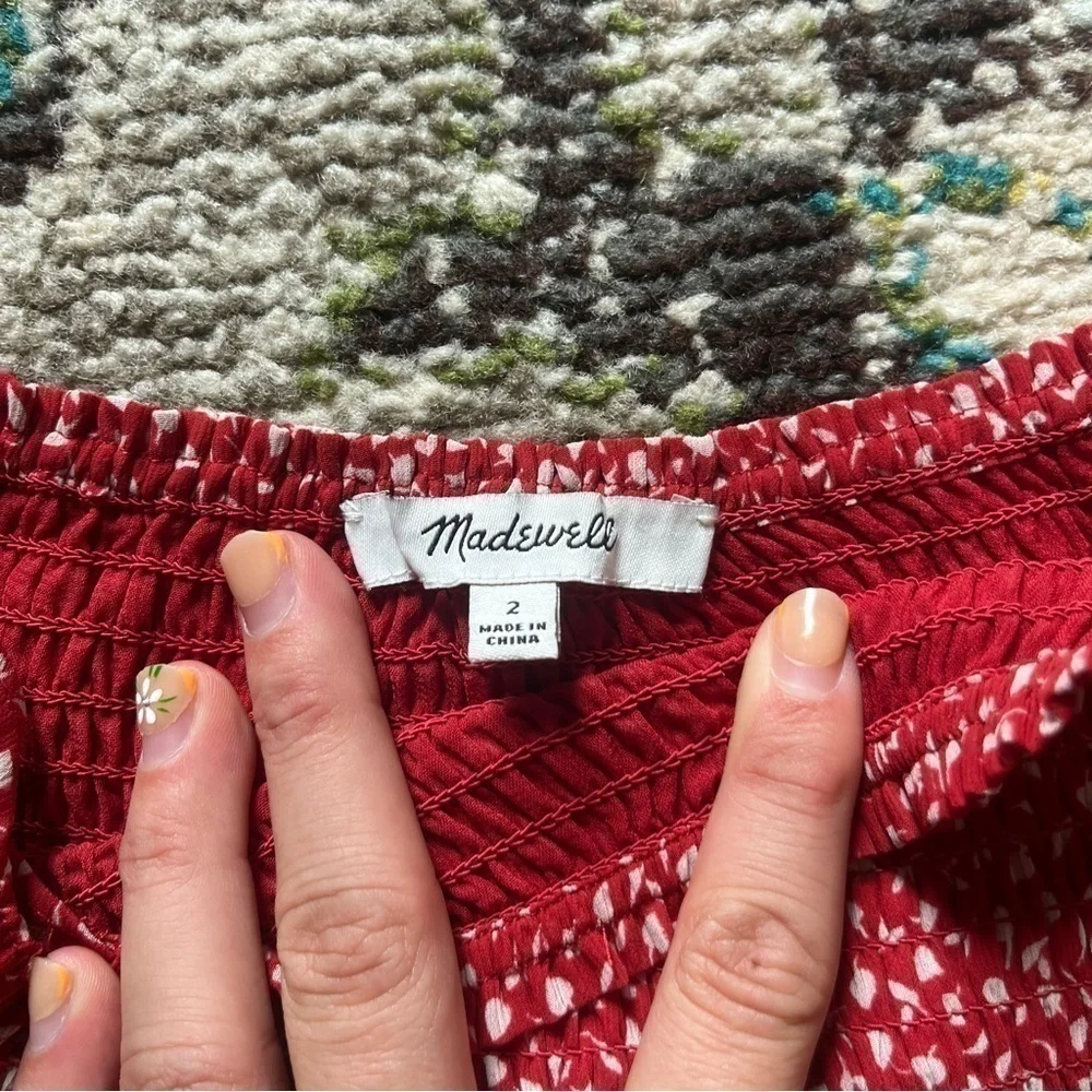 Red puff sleeves peasant floral Madewell blouse shirt